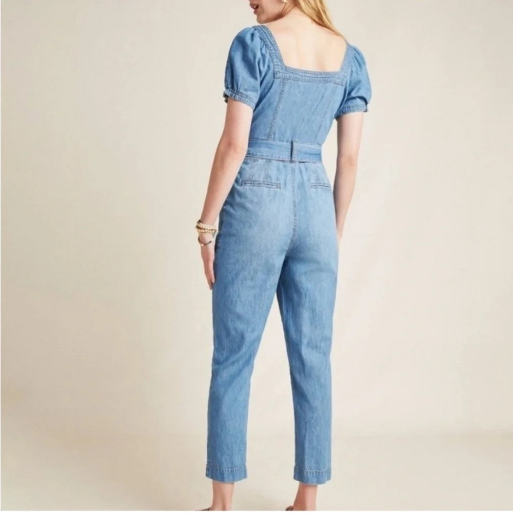 Anthro Pilcro Puff Sleeves Denim Jumpsuit women’s size 6